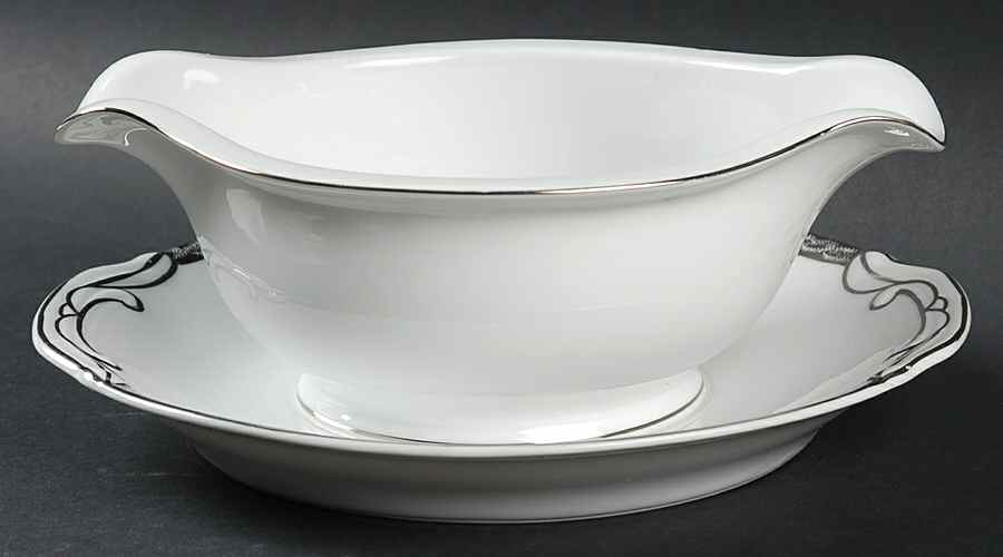 Silver Lichen Gravy Boat with Attached Underplate by Fukagawa-1