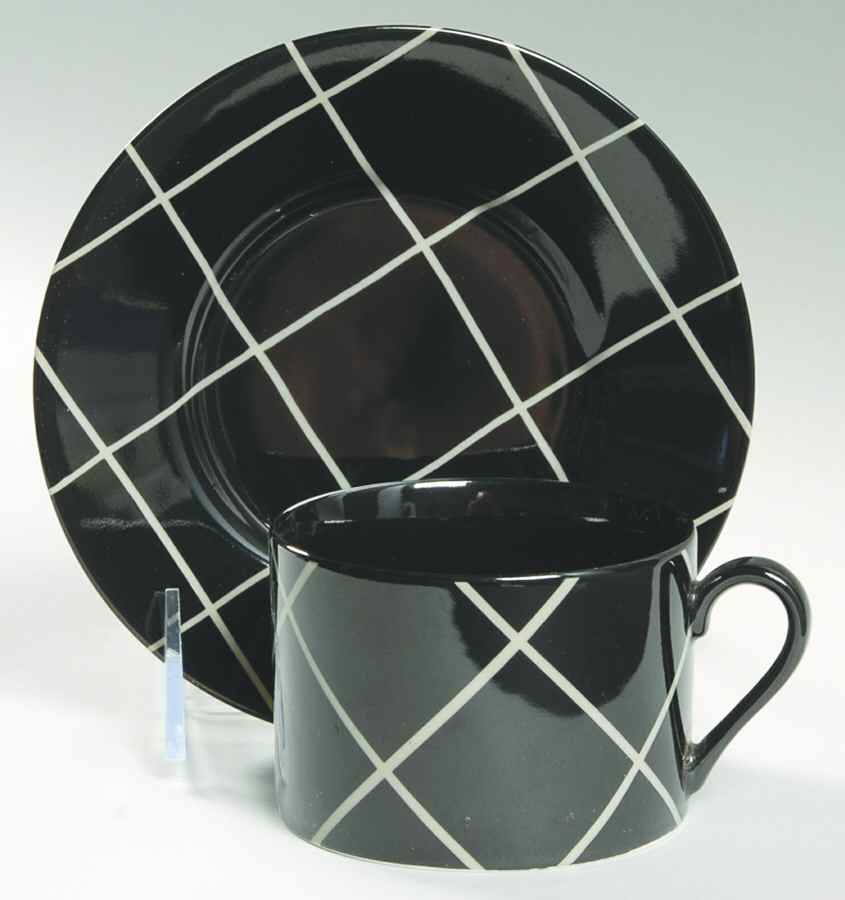 Windowpane (Taupe Stripes on Black) Flat Cup & Saucer Set by Fitz and Floyd-1