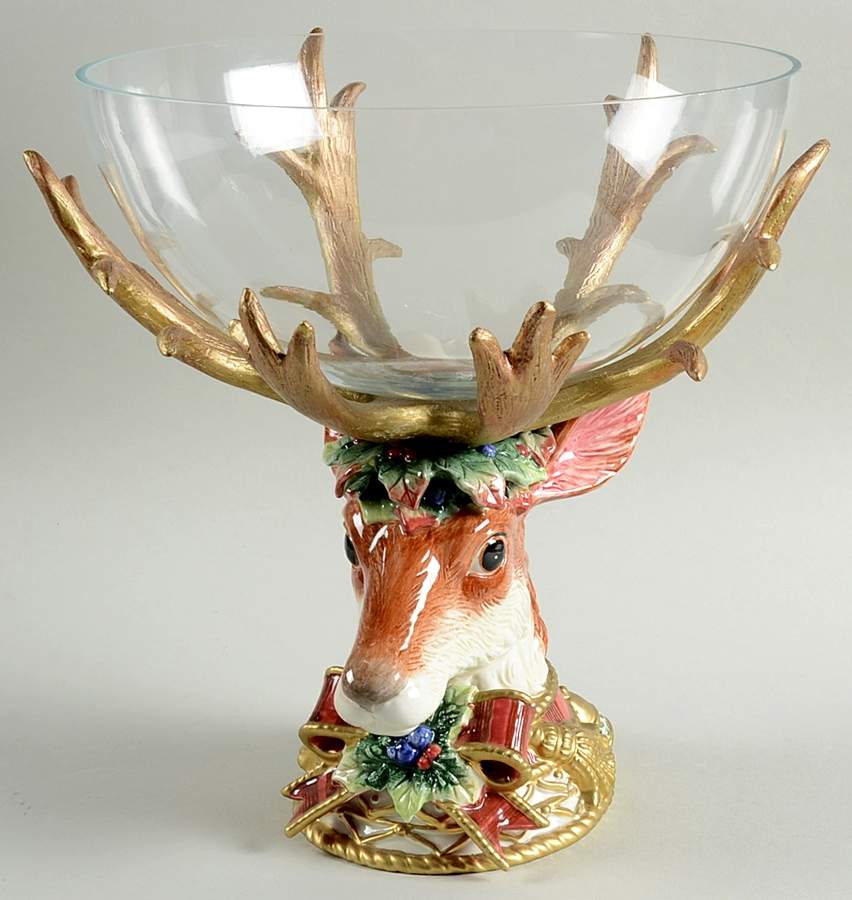 Christmas Deer Centerpiece with Glass Bowl by Fitz and Floyd-1