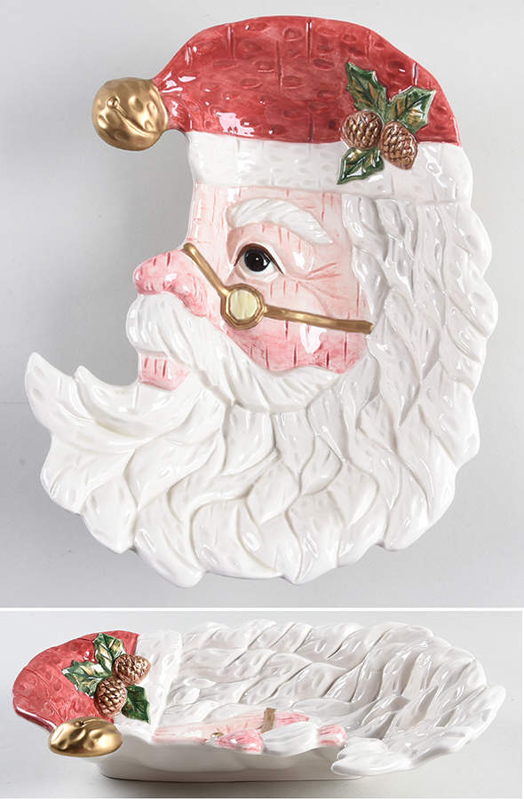 Wood Carved Santa 10" Oval Vegetable Bowl by Fitz and Floyd-1