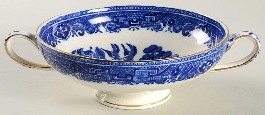 Willow Blue Footed Cream Soup Bowl by Victoria Porcelain (England)-1