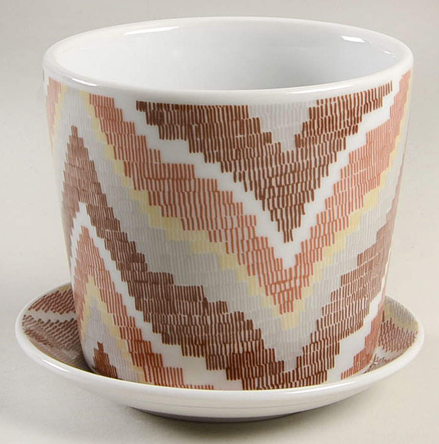 Flame Stitch Brown 3" Flower Pot & Underplate by Fitz and Floyd-1