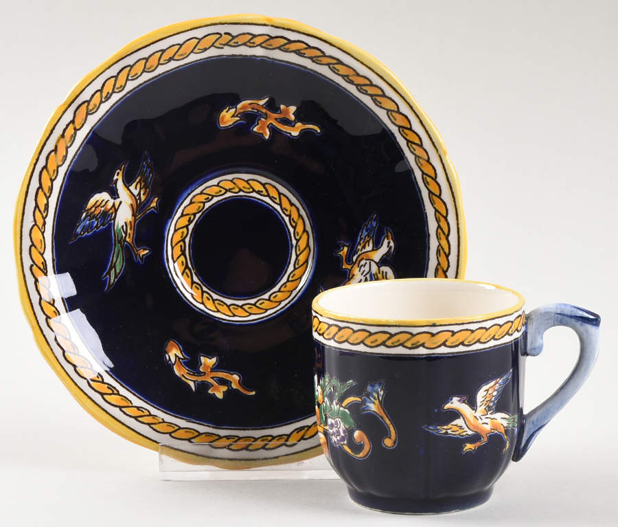 Renaissance Fond Blue Flat Demitasse Cup & Saucer Set by Faiencerie De Gien-1