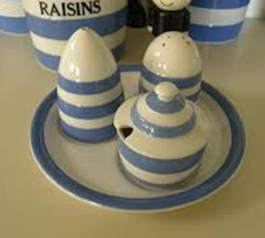 Cornish Blue White (Shield and TG Green) 5 Pc Individual Condiment Set (Sapind, Musi, Tray) by T G Green (England)-1