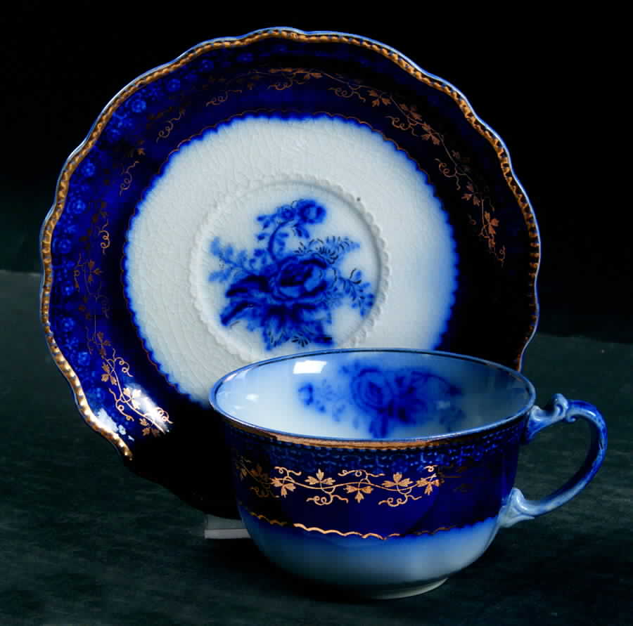 Blue Rose (Flow Blue) Flat Cup & Saucer Set by Grindley-1