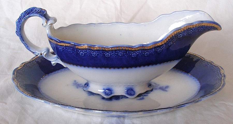 Blue Rose (Flow Blue) Gravy Boat & Underplate/Relish by Grindley-1
