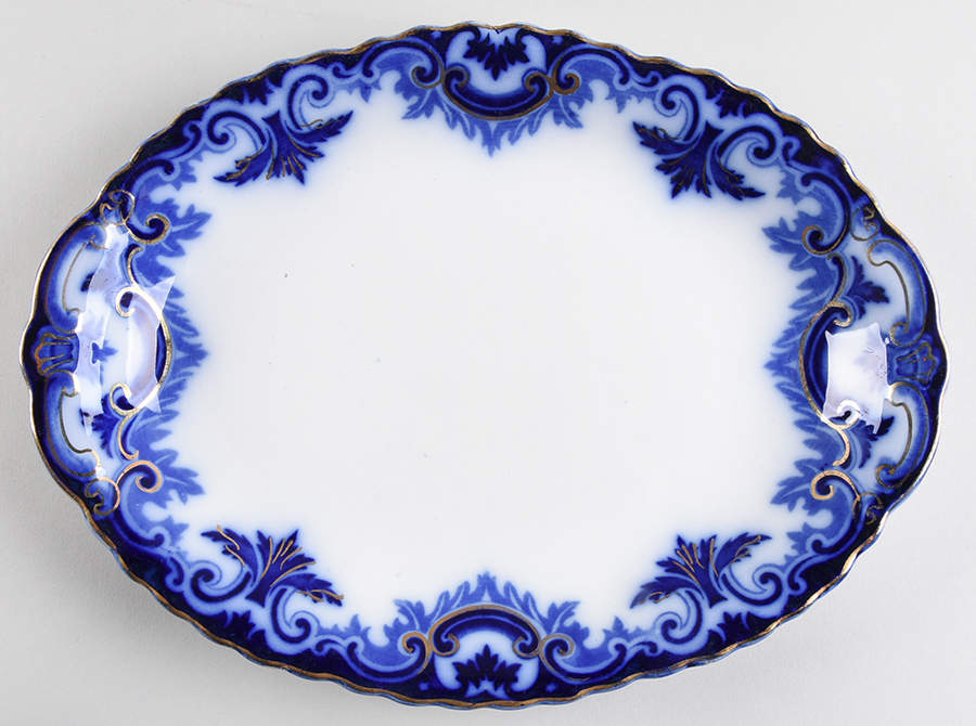 Clifton (Flow Blue, Gold Trim) 12" Oval Serving Platter by Grindley-1