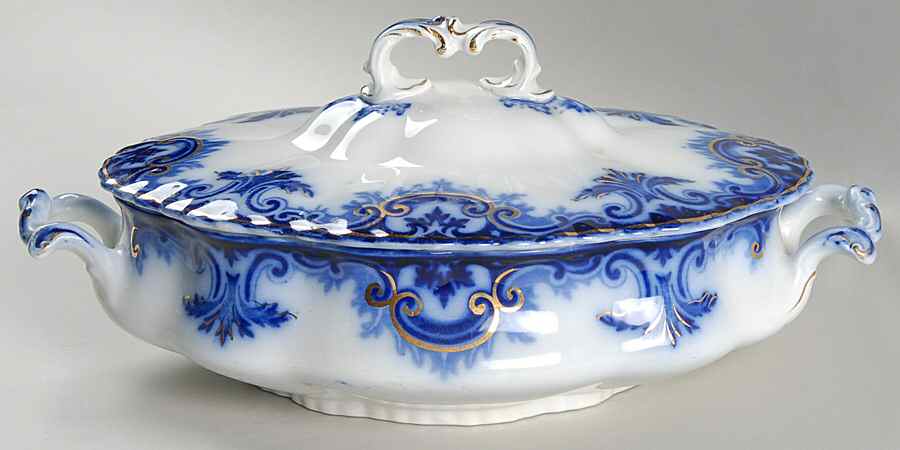 Clifton (Flow Blue, Gold Trim) Oval Covered Vegetable by Grindley-1