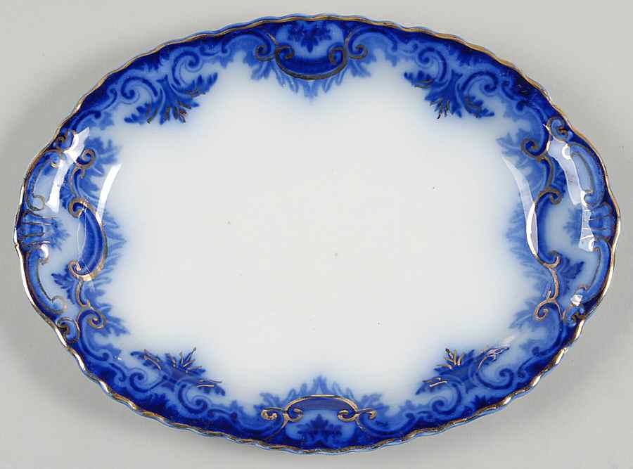 Clifton (Flow Blue, Gold Trim) 10" Oval Serving Platter by Grindley-1