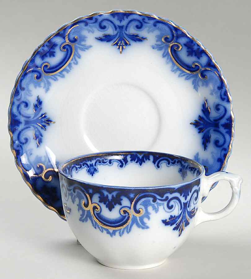 Clifton (Flow Blue, Gold Trim) Flat Cup & Saucer Set by Grindley-1