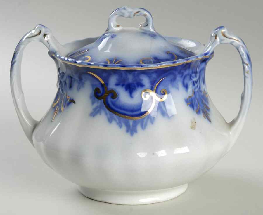 Clifton (Flow Blue, Gold Trim) Sugar Bowl & Lid by Grindley-1