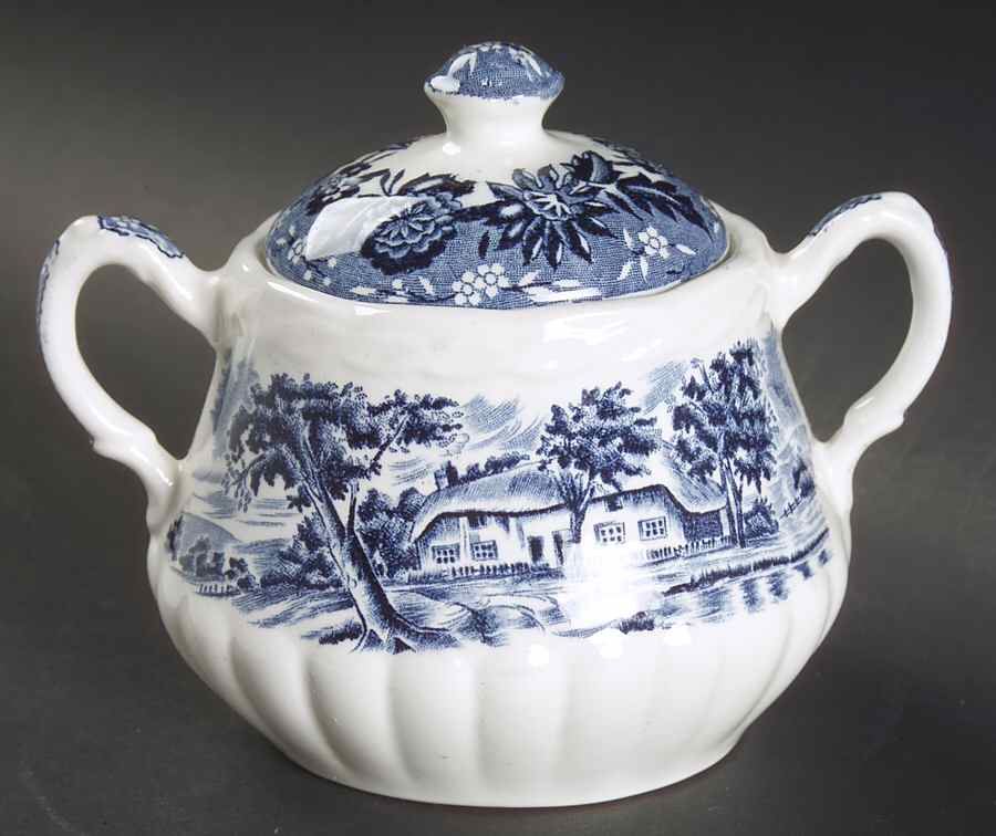 Country Style Blue Sugar Bowl & Lid by Grindley-1
