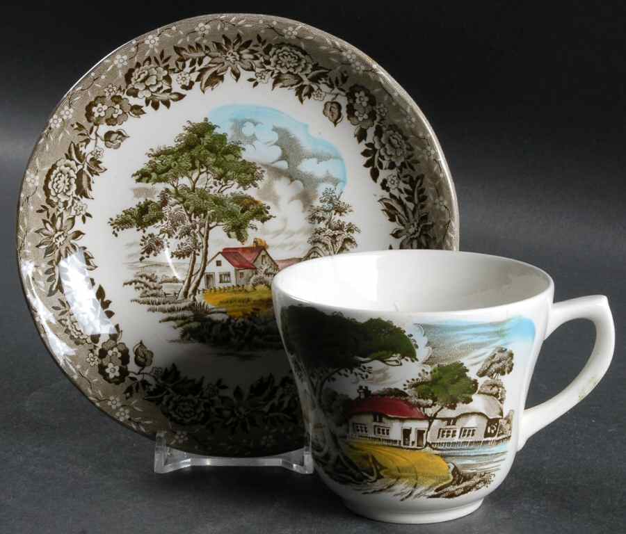 Country Style Gray Black Multicolor Flat Cup & Saucer Set by Grindley-1