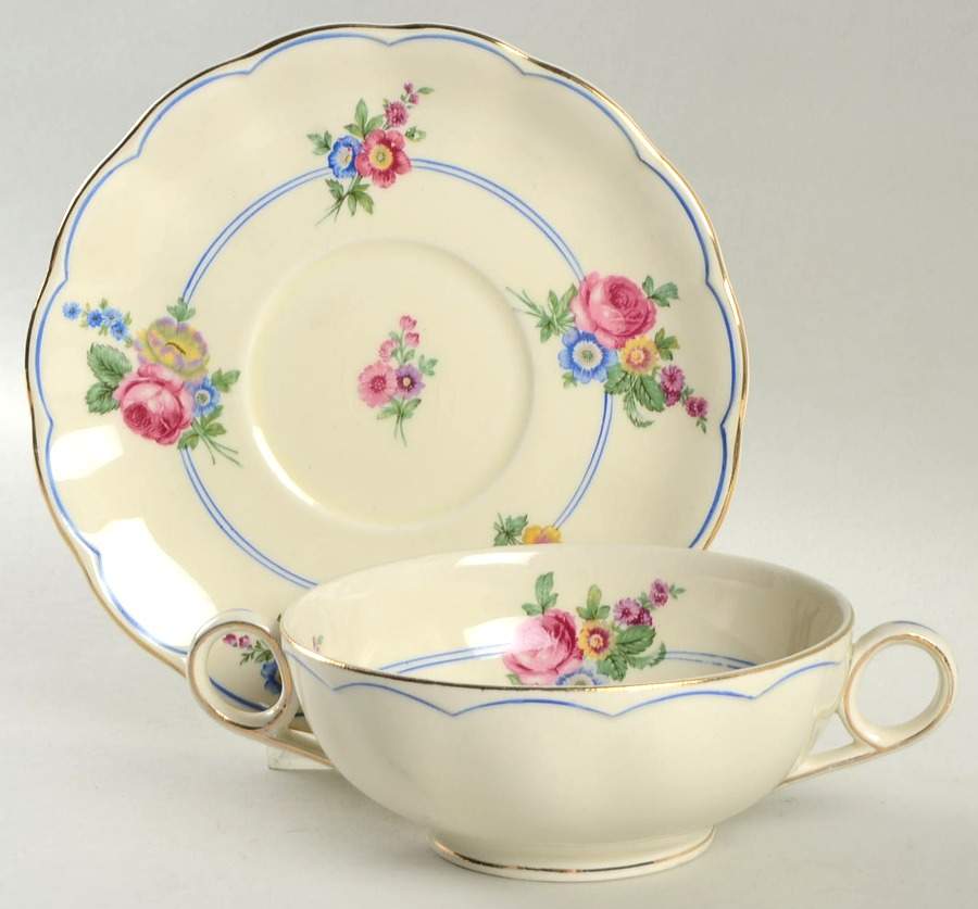 Devonshire Rose Footed Cream Soup Bowl & Saucer Set by Grindley-1
