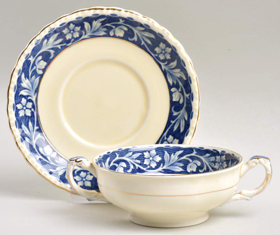 Elysian (Cream & Blue) Footed Cream Soup Bowl & Saucer Set by Grindley-1