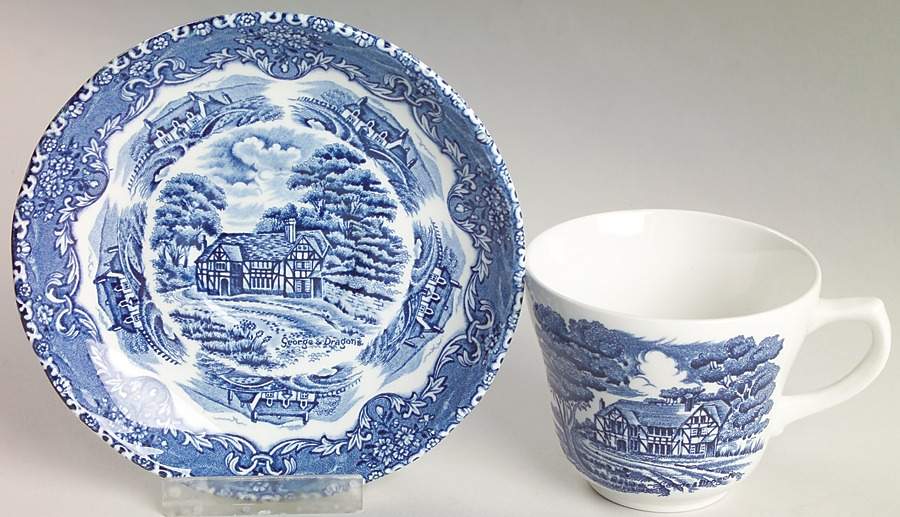 English Country Inns Blue Flat Cup & Saucer Set by Grindley-1