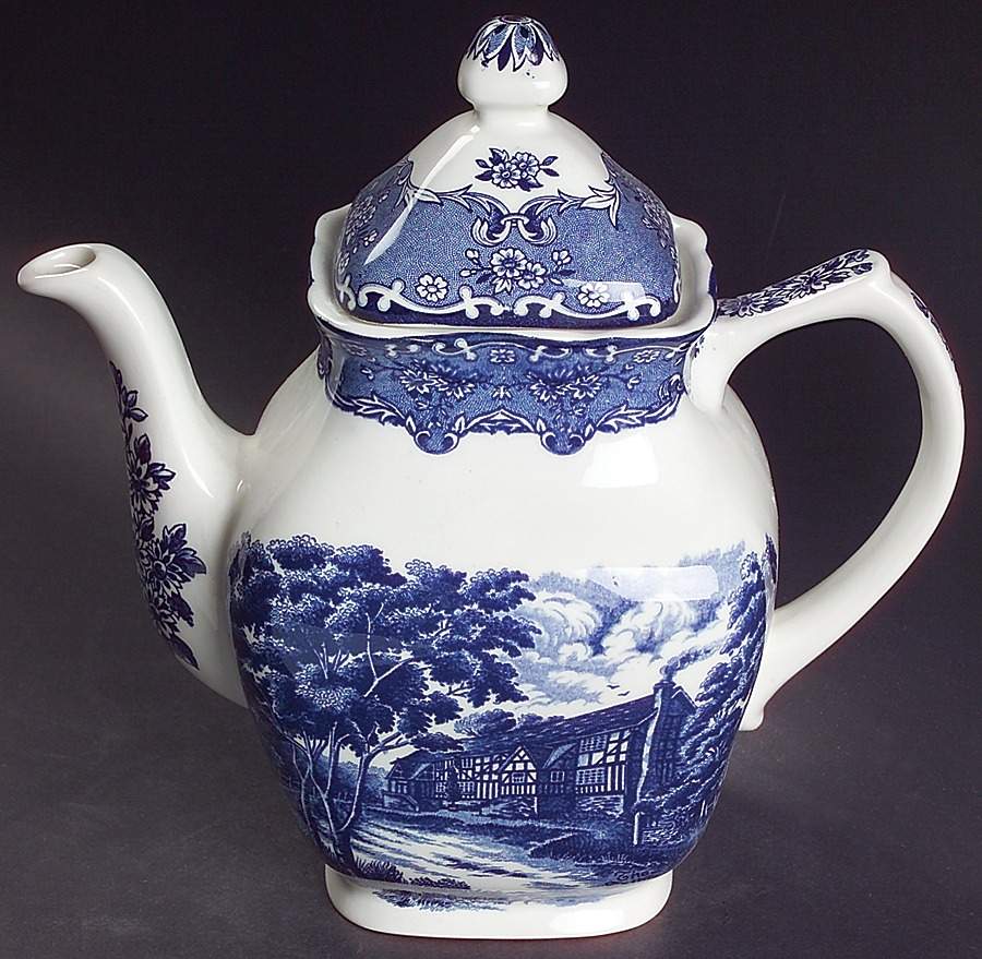 English Country Inns Blue Coffee Pot & Lid by Grindley-1