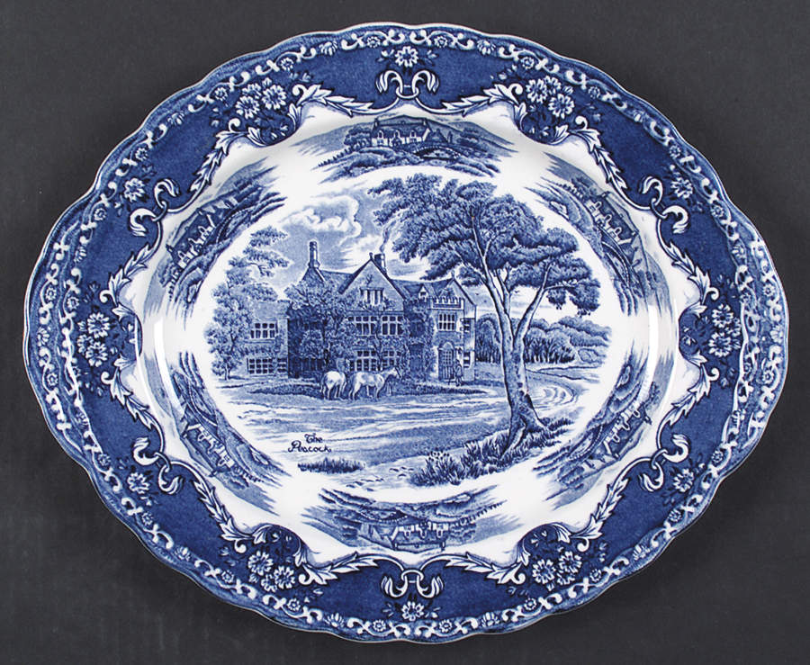 English Country Inns Blue 12" Oval Serving Platter by Grindley-1