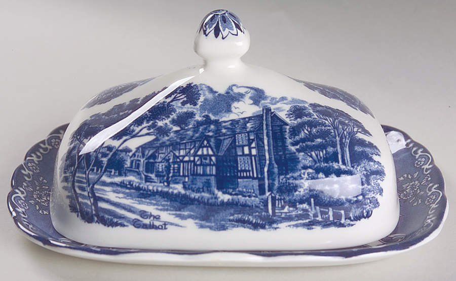 English Country Inns Blue Square Covered Butter by Grindley-1