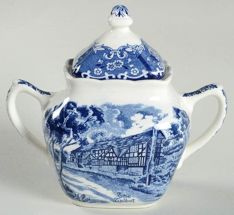 English Country Inns Blue Sugar Bowl & Lid by Grindley-1