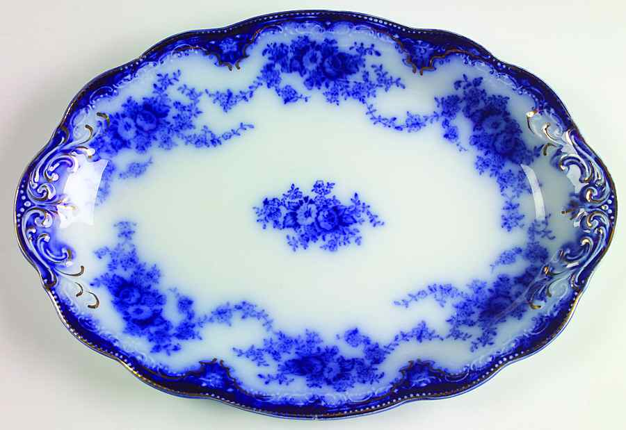 Florida (Flow Blue, Gold Trim) 12" Oval Serving Platter by Grindley-1
