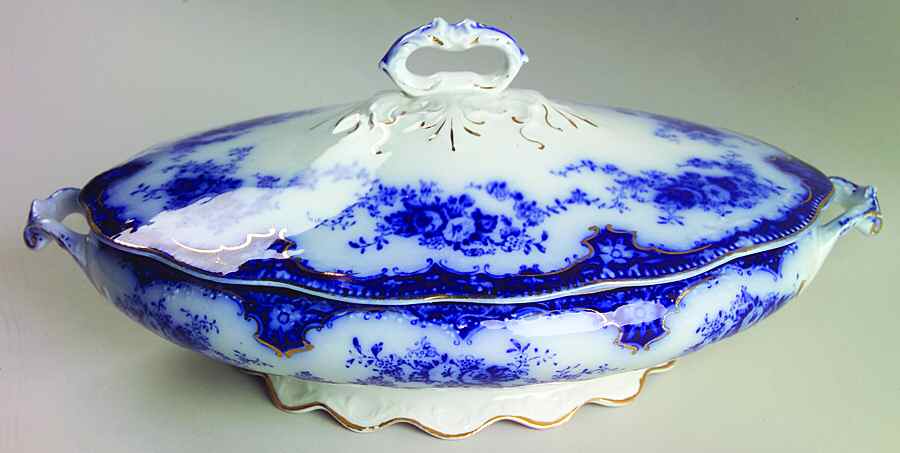 Florida (Flow Blue, Gold Trim) Oval Covered Vegetable by Grindley-1