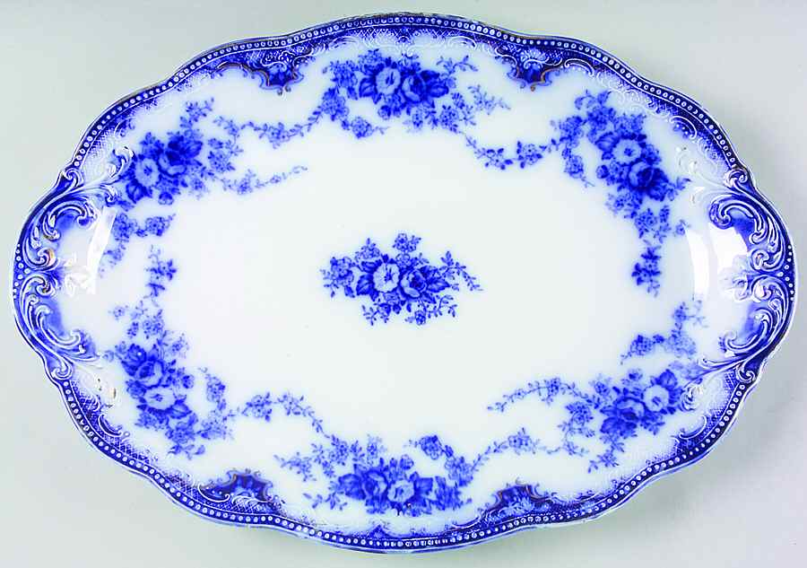 Florida (Flow Blue, Gold Trim) 16" Oval Serving Platter by Grindley-1