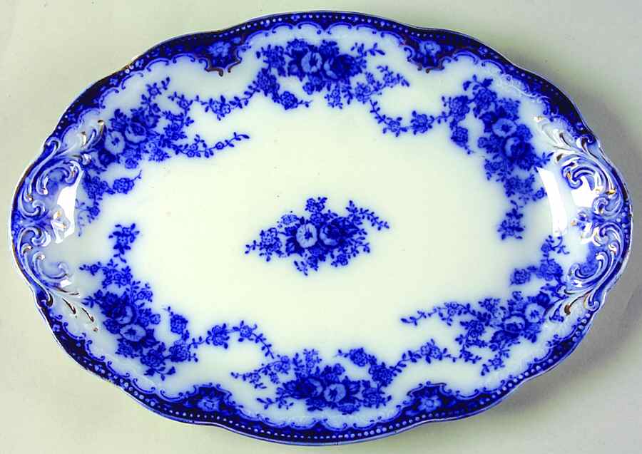 Florida (Flow Blue, Gold Trim) 10" Oval Serving Platter by Grindley-1