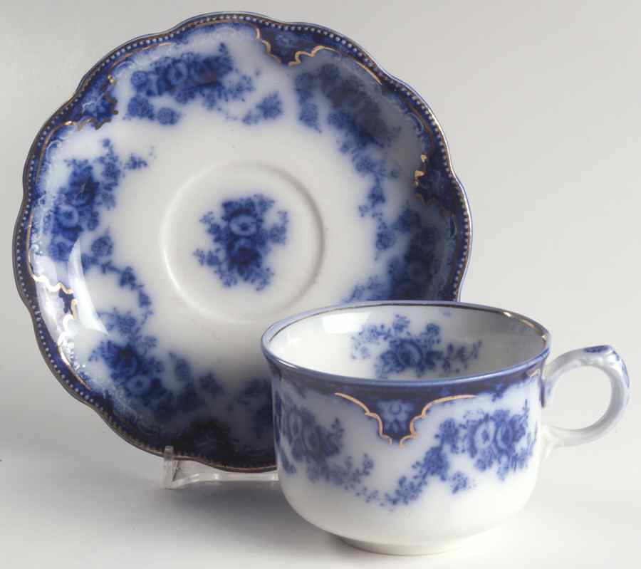 Florida (Flow Blue, Gold Trim) Flat Cup & Saucer Set by Grindley-1
