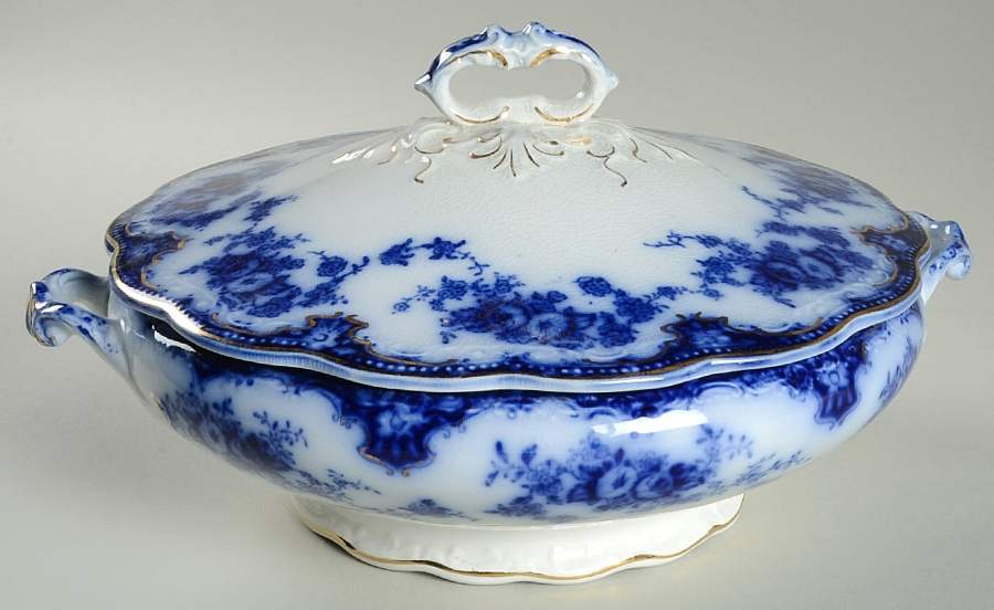 Florida (Flow Blue, Gold Trim) Round Covered Vegetable by Grindley-1