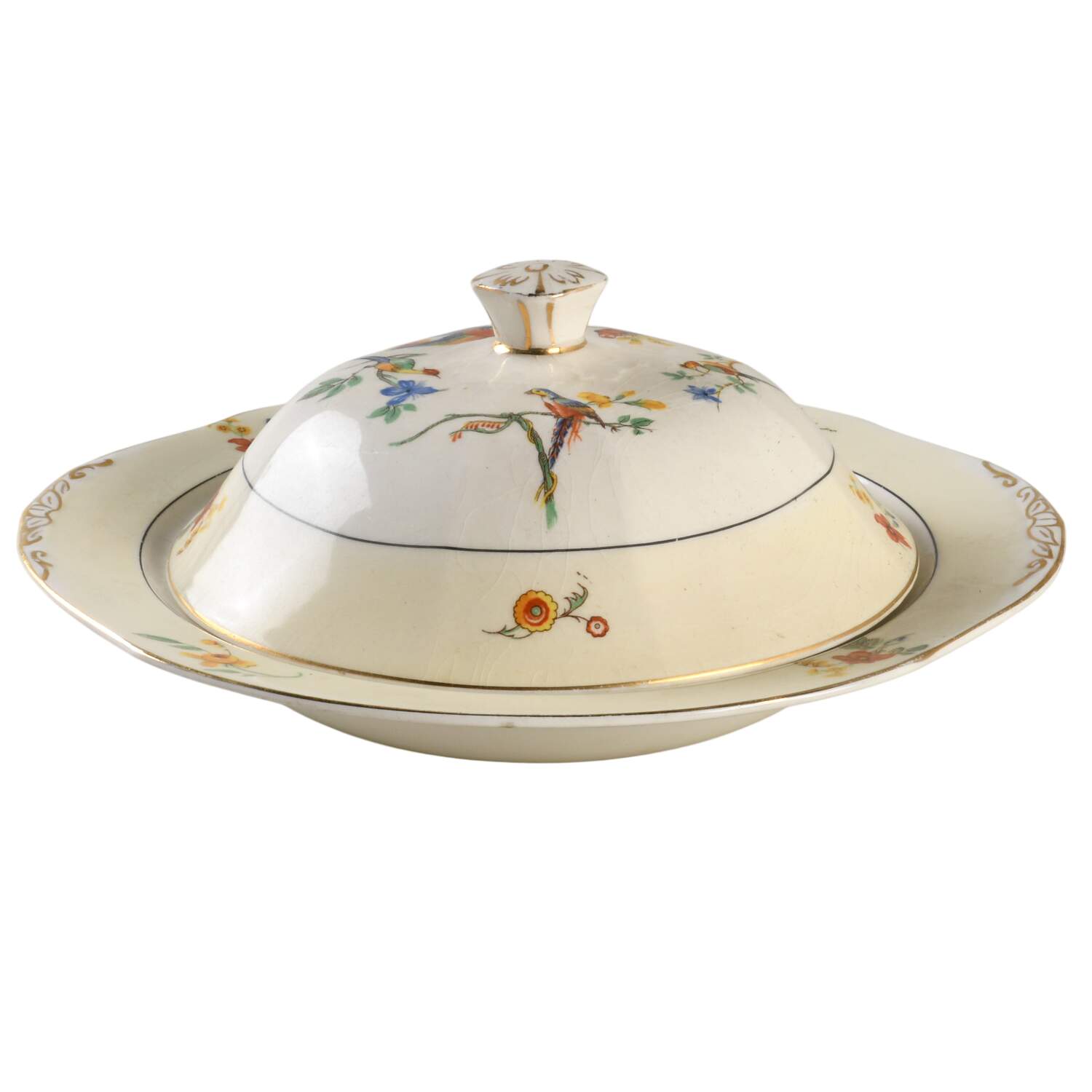 The Gay Macaw Round Covered Butter with Strainer by Grindley-1