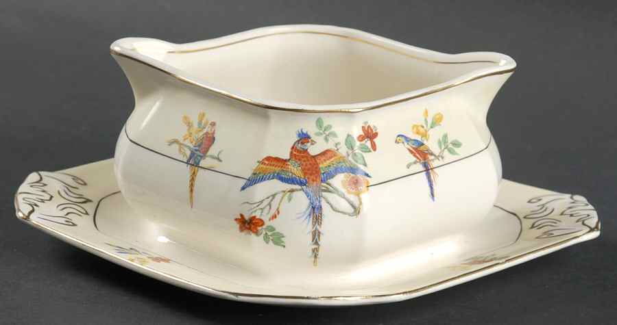 The Gay Macaw Gravy Boat with Attached Underplate by Grindley-1