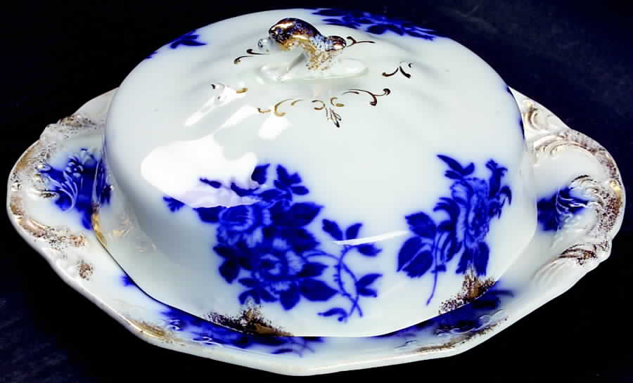 Gironde (Flow Blue, Daubs) Round Covered Butter by Grindley-1