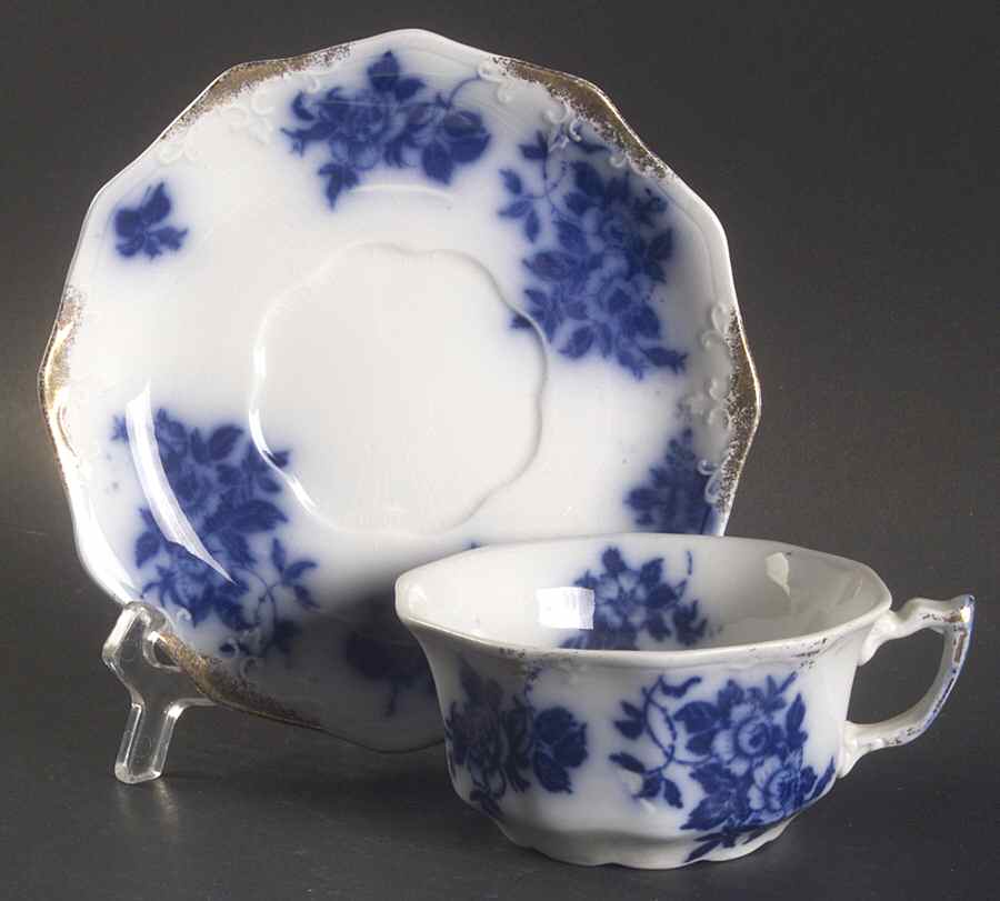 Gironde (Flow Blue, Daubs) Flat Cup & Saucer Set by Grindley-1