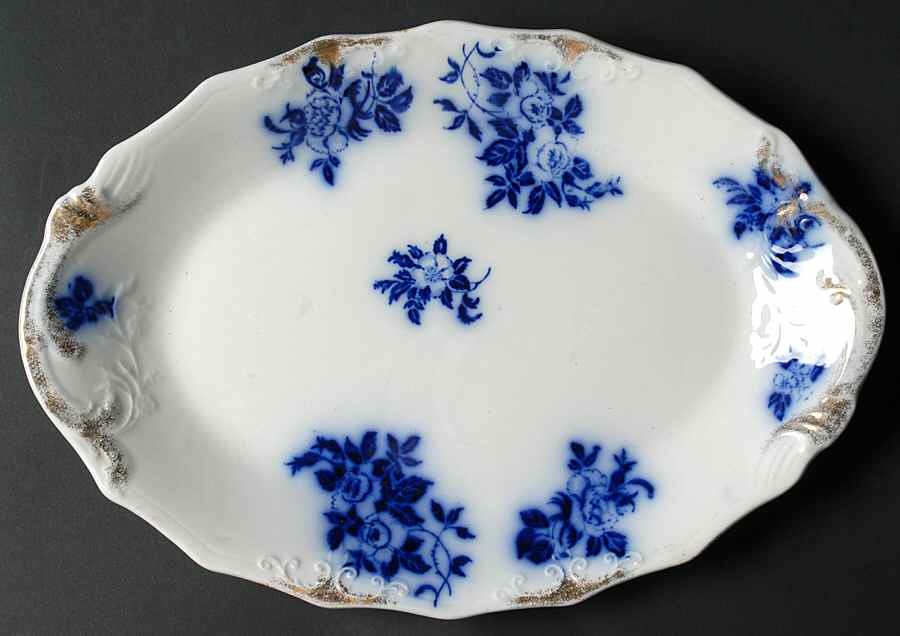Gironde (Flow Blue, Daubs) 12" Oval Serving Platter by Grindley-1