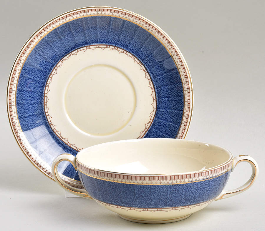 Melrose (Wide Blue Rim, Smooth) Flat Cream Soup Bowl & Saucer Set by Grindley-1