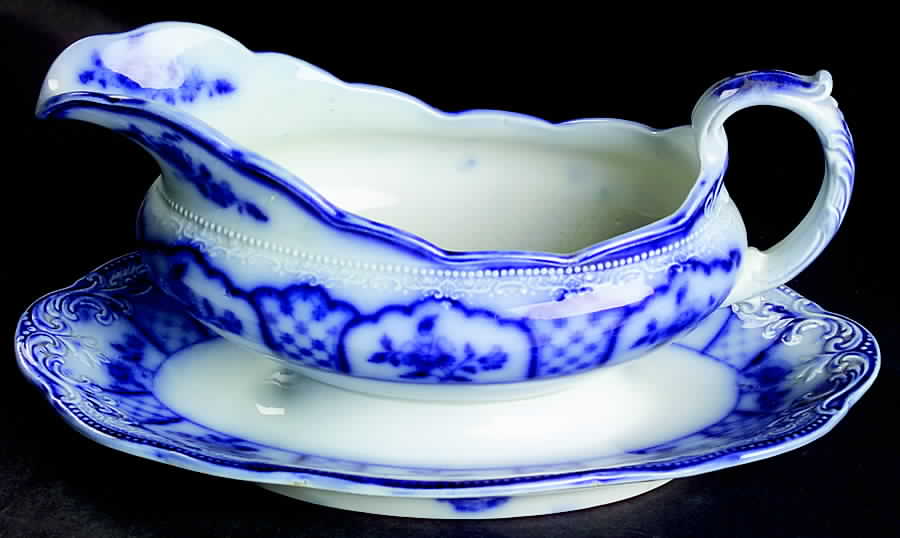 Melbourne (Flow Blue) Gravy Boat with Attached Underplate by Grindley-1