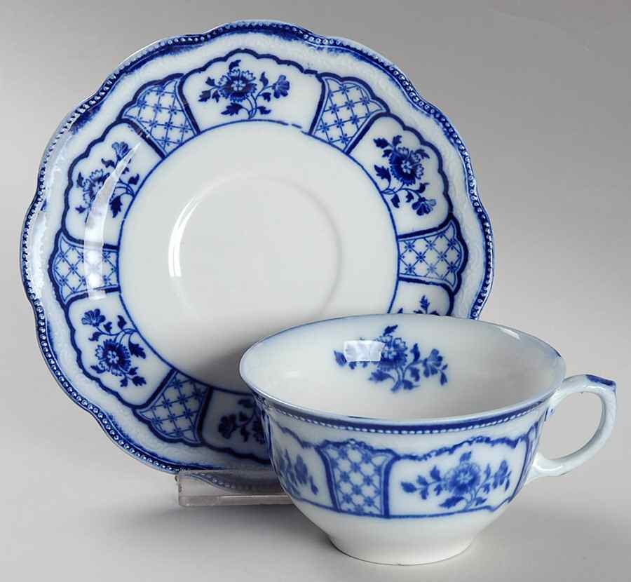 Melbourne (Flow Blue) Flat Cup & Saucer Set by Grindley-1
