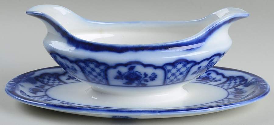 Melbourne (Flow Blue) Gravy Boat with Attached Underplate by Grindley-1