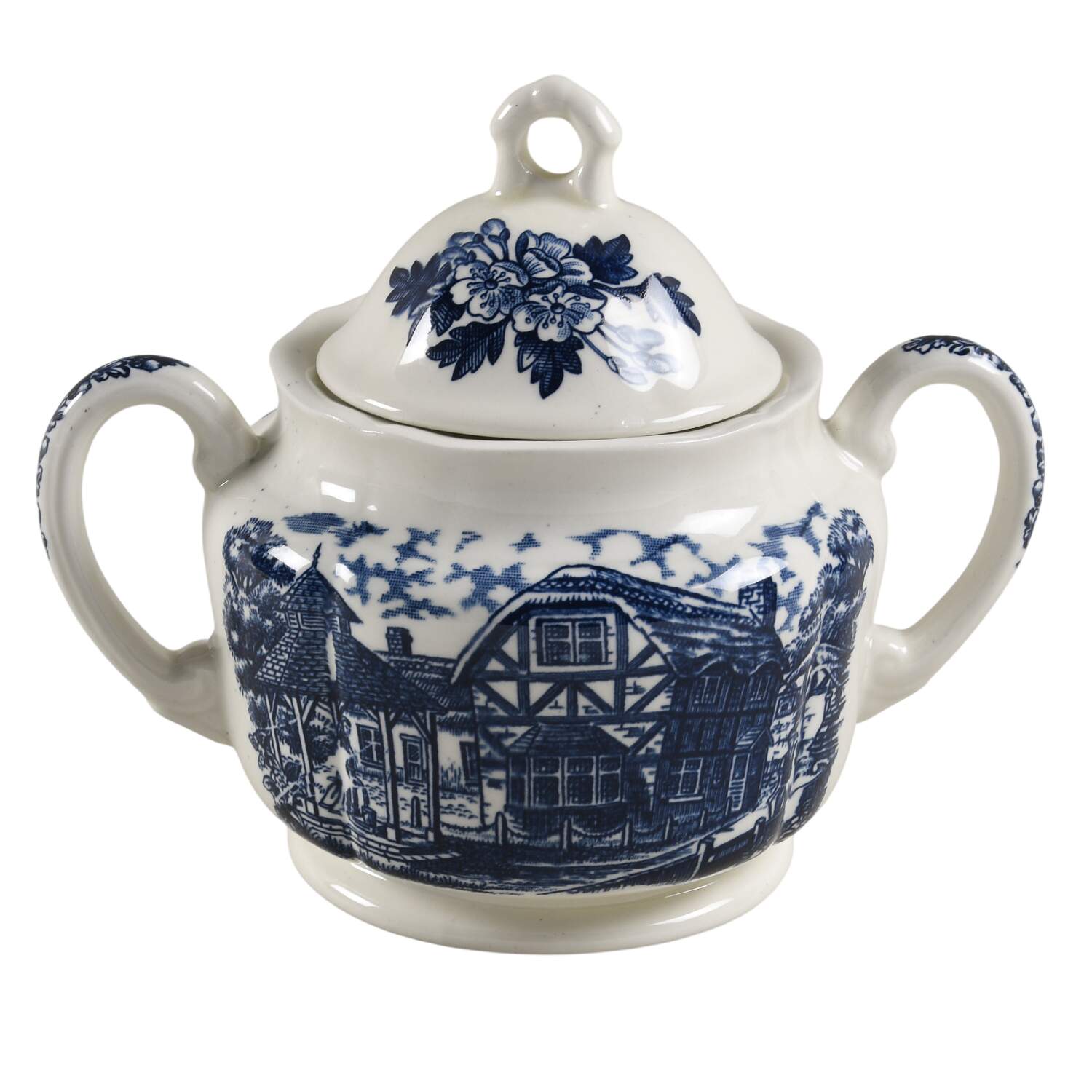 Merrie Olde England Blue Sugar Bowl & Lid by Grindley-1