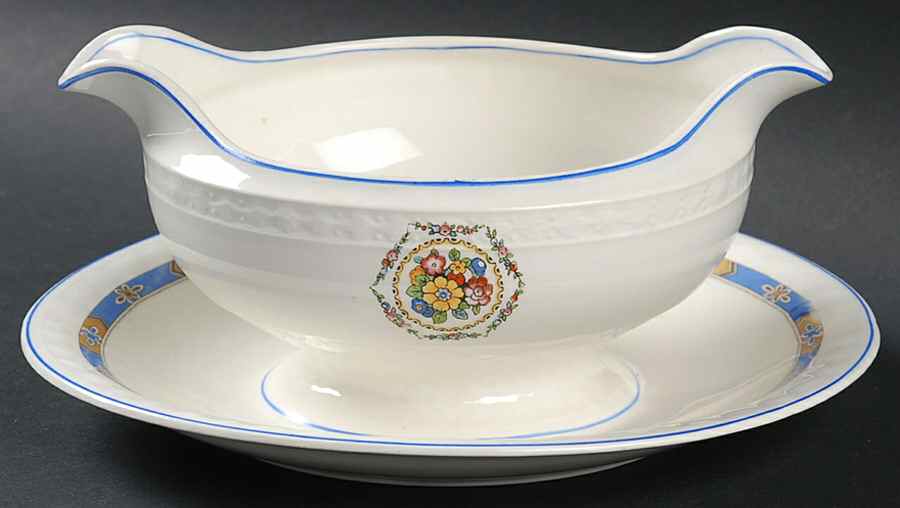 Milan (Blue Trim) Gravy Boat with Attached Underplate by Grindley-1