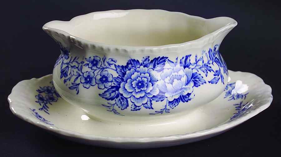 Printemps Blue Gravy Boat with Attached Underplate by Grindley-1