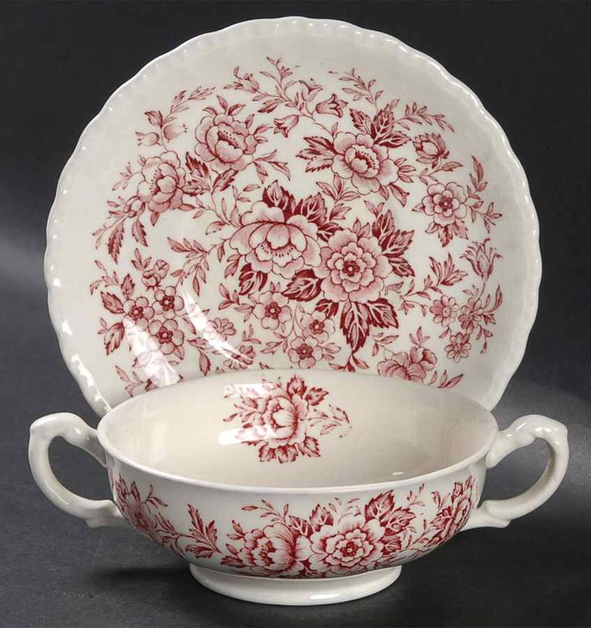 Printemps Pink Footed Cream Soup Bowl & Saucer Set by Grindley-1