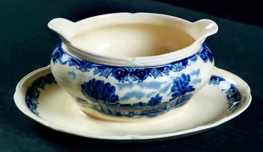 Scenes After Constable Blue (Vine Edge, Cream) Gravy Boat with Attached Underplate by Grindley-1