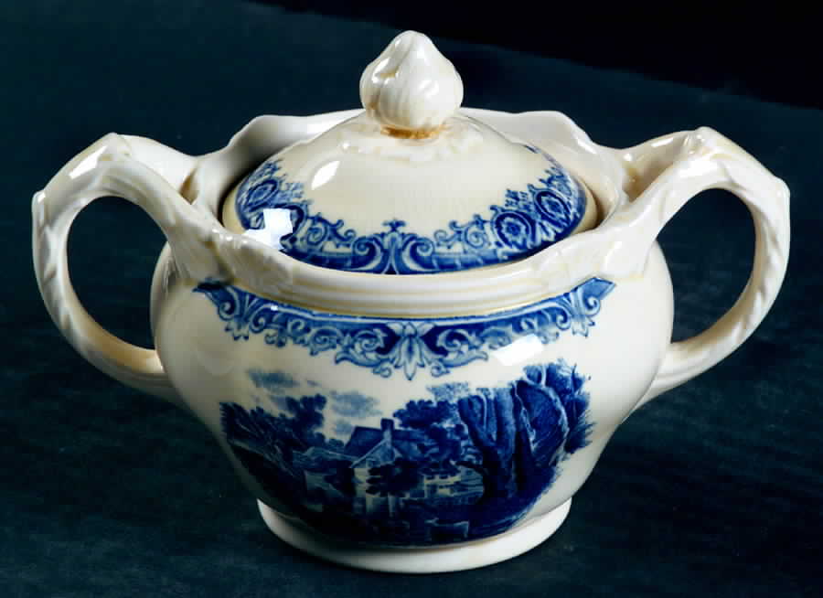 Scenes After Constable Blue (Vine Edge, Cream) Sugar Bowl & Lid by Grindley-1
