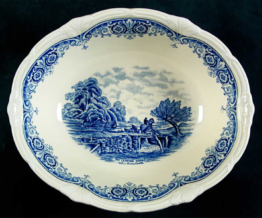 Scenes After Constable Blue (Vine Edge, Cream) 8" Oval Vegetable Bowl by Grindley-1