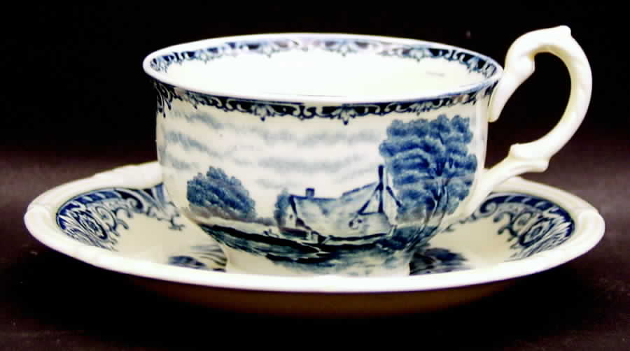 Scenes After Constable Blue (Vine Edge, Cream) Flat Cup & Saucer Set by Grindley-1