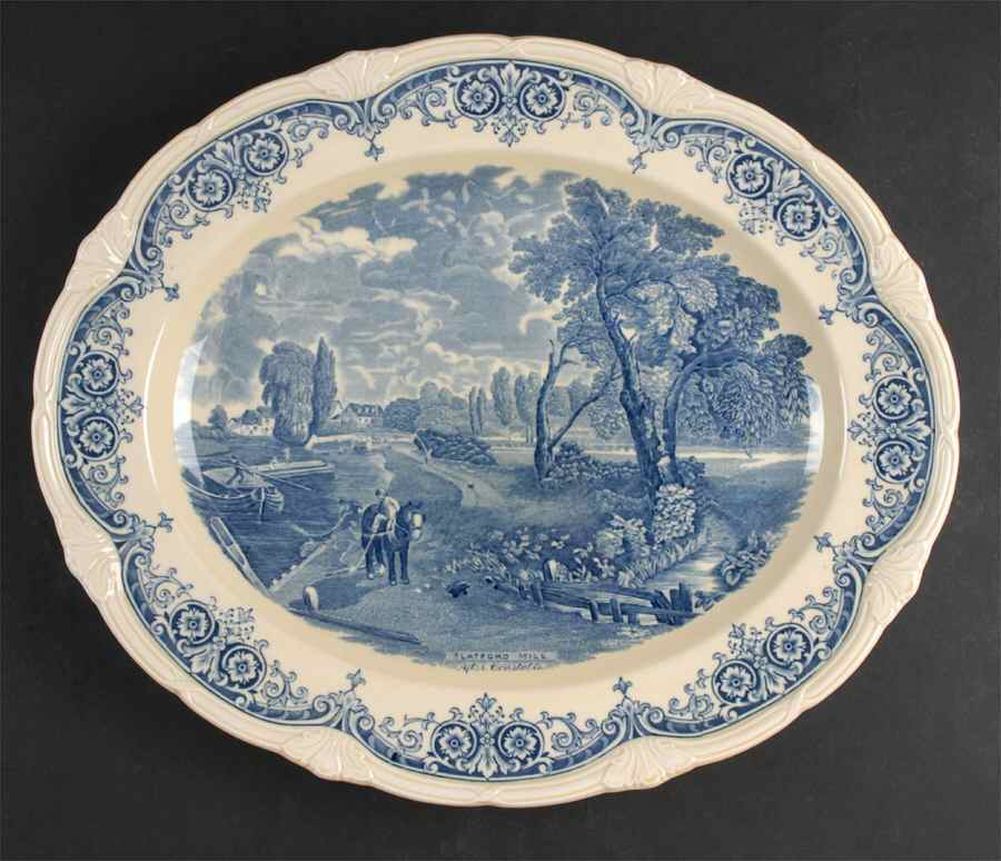 Scenes After Constable Blue (Vine Edge, Cream) 16" Oval Serving Platter by Grindley-1