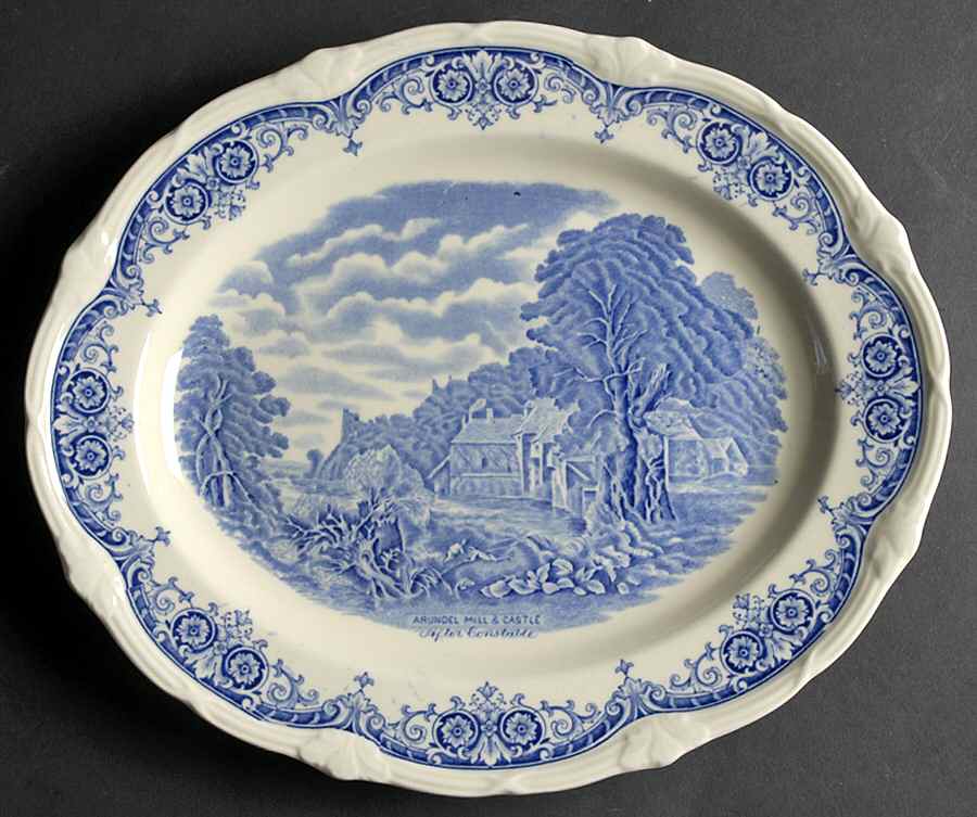Scenes After Constable Blue (Vine Edge, Cream) 12" Oval Serving Platter by Grindley-1