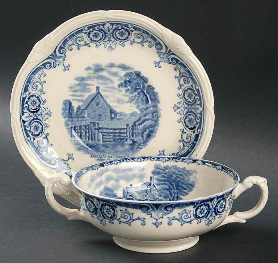 Scenes After Constable Blue (Vine Edge, Cream) Footed Cream Soup Bowl & Saucer Set by Grindley-1